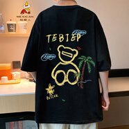 稻草人短袖T恤男夏季ins潮流2024新款衣服寬松半袖體恤小熊衣服 黑色 T533 M