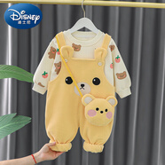 迪士尼（Disney）女童秋冬裝洋氣嬰幼兒衣服秋季小孩可愛(ài)女寶寶加絨衛衣分體套裝潮 檸檬黃 SMJ小熊包背帶褲套裝 加 110 碼建議身高95-105厘米