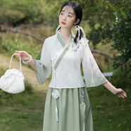 景華年春夏改良漢服新中式女裝國(guó)風(fēng)復(fù)古刺繡斜襟上衣裙子班級(jí)茶藝服套裝 綠色上衣 L (建議105-115斤)