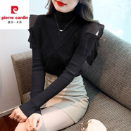 皮爾卡丹羊毛針織衫女半高領(lǐng)露肩毛衣秋冬新款網(wǎng)紗感時尚洋氣打底衫潮 黑色 L 建議95-105斤
