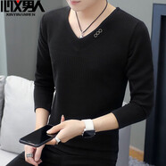 費洛仕新款秋冬季長(cháng)袖T恤男加絨加厚上衣服V領(lǐng)針織衫保暖秋裝潮流衛衣男 黑色常規款 L （105-120斤）