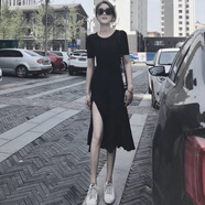 miss nitaly 夏季新款女小心機開叉性感中長款連衣裙法式顯瘦修身氣質(zhì)小黑裙 黑色 M