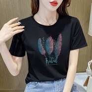 盛賽熙純棉短袖T恤女新款夏天寬松版女裝氣質(zhì)百搭半袖上衣女士女裝t恤 黑色三羽毛 L 建議110-125斤
