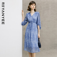 顏域氣質(zhì)連衣裙女裝2024春季收腰顯瘦七分袖V領(lǐng)碎花裙子 藍花 L/40