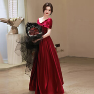 烏拓婚紗孕婦酒紅色敬酒服新娘結婚訂婚禮服一字肩大碼宴會(huì )晚禮服裙女 酒紅色緞面長(cháng)款(衣長(cháng)140cm) M