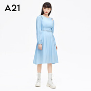 A21新款女裝中長款顯瘦連衣裙設(shè)計感收腰連衣裙純色露肩休閑風(fēng)裙子 粉藍(lán) L