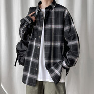 軒萊雅格子長(zhǎng)袖襯衫男春秋裝潮流ins休閑復(fù)古薄款外套男生港風(fēng)寬松襯衣 黑色【8810款】 2XL
