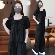 哈夫朵大碼女裝2025夏季新款胖MM輕熟套裝襯衣休閑長(cháng)褲法式復古兩件套 2649黑色 2XL 建議130斤-150斤