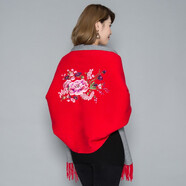繼方（JIFANG）空調披肩圍巾兩用女秋冬季刺繡加厚帶袖斗篷媽媽外套婚禮旗袍外搭 紅色