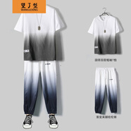 【上衣+褲子】短袖套裝男夏季新款七分袖t恤男生九分褲套裝男韓版潮流學(xué)生寬松嘻哈帥氣青少年一套衣服 白色短袖+白色褲子 XL