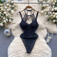 思鸞掛脖鏤空蕾絲鉤花網(wǎng)紗吊帶連體衣女歐美純欲辣妹網(wǎng)紅露背連體上衣 黑色 M