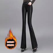 聞鶯燕2026春夏微喇叭皮褲高腰休閑大碼長(cháng)褲韓版寬松闊腿女褲喇叭褲子 黑色 XL (建議體重116-125斤)