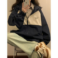 QGF美式復(fù)古chic連帽外套女春秋季新款設(shè)計感上衣寬松運動沖鋒衣夾克 23012-藏青色 M
