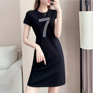 勤記長(cháng)款t恤女中長(cháng)款 過(guò)臀修身短袖t恤女過(guò)臀韓版長(cháng)款遮屁股顯瘦 黑色數字7 L