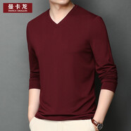曼卡龍桑蠶絲長(cháng)袖T恤男V領(lǐng)真絲體恤薄款商務(wù)休閑純色內搭男士打底衫百搭正裝上衣服男 紅色 M/105