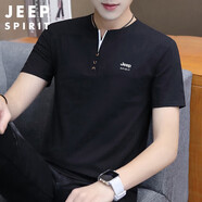 JEEP SPIRIT吉普T恤男夏季短袖男士V領純色上衣透氣短袖T恤男款 黑色 4XL 