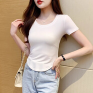 山朵棉黑色莫代爾冰絲短袖t恤女夏百搭收腰不規(guī)則短款上衣弧形下擺修身 白色【圓領(lǐng)】（微透） L 【推薦96-108斤】
