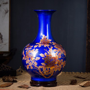 領(lǐng)格 景德鎮(zhèn)陶瓷器紅牡丹花瓶 水晶釉花開富貴花瓶客廳家居裝飾品擺件禮物 現(xiàn)代時尚擺設(shè)工藝品婚慶 金牡丹寶藍賞瓶 高約39寬24cm