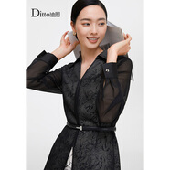迪圖假兩件印花連衣裙女優(yōu)雅職場襯衣領(lǐng)中長裙高級感氣質(zhì)收腰裙子 黑色 M