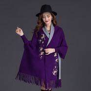 繼方（JIFANG）空調披肩圍巾兩用女秋冬季刺繡加厚帶袖斗篷媽媽外套婚禮旗袍外搭 刺繡小梅花-紫色