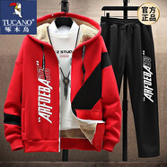 啄木鳥（TUCANO）休閑衛(wèi)衣套裝男春秋季潮牌韓版外套開衫青少年一套穿搭配衣服男裝 TZ832紅色兩件套 加絨 XL 【120-140斤】