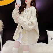 芊芊娘子設計感不規則麻花毛衣開(kāi)衫女新款春秋寬松慵懶風(fēng)加厚針織外套 米白色 均碼建議85-155斤