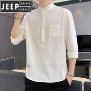 JEEP SPIRIT/吉普夏季男士七分袖棉T恤潮流韓版立領(lǐng)套頭男裝袖亞麻T恤上 DC605白色 XL