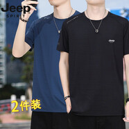JEEP吉普短袖復古T恤男冰絲夏季圓領打底衫休閑透氣運動汗衫速干衣服 黑色+寶藍 7XL( 建議210-225斤)