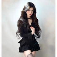 憶靜萱（YIJINGXUAN）荷葉邊v領(lǐng)喇叭袖辣妹連衣裙女秋冬內搭法式氣質(zhì)黑色修身包臀夜店 黑色【版】 S 85-95斤