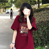 悅法婭純棉短袖t恤女2025夏季新款中長(cháng)款寬松大板遮臀顯瘦學(xué)生百搭女裝 酒紅 L 【100-120斤】