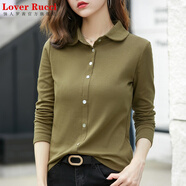 LOVER RUCCI法國秋衣純棉t恤長(cháng)袖襯衫女設計感洋氣寬松韓版襯衣翻領(lǐng)開(kāi)衫女 姜黃色 襯衫上衣女春秋t恤 M