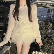 夢史怡2022年新款設(shè)計(jì)感毛衣女秋冬洋氣網(wǎng)紗拼接針織衫套頭短款長 杏色 S
