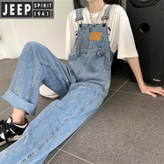 JEEP SPIRIT美式工裝牛仔背帶褲男女ins潮流寬松直筒連體褲情侶吊帶拖地褲子 藍色(城市輕戶外) 2XL 125-140斤(城市輕戶外)