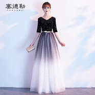 塞德勒黑色大合唱團(tuán)演出服女長(zhǎng)裙高貴指揮歌唱宴會(huì)年會(huì)主持人晚禮服長(zhǎng)款 黑色長(zhǎng)款 XXL