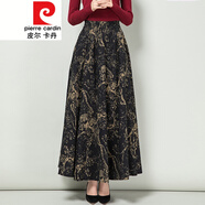 皮爾卡丹女裝2022春秋棉麻半身長裙女高腰大擺半身裙復(fù)古純 黑底印花 S