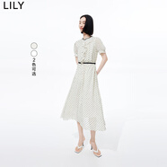 LILY夏新款女裝復古浪漫波點(diǎn)別致洋氣壓褶氣質(zhì)垂感高腰連衣裙 612奶白 M