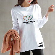 穿搭語(yǔ)錄新款長(cháng)袖T恤女寬松春秋款白色內搭中長(cháng)款女韓版寬松上衣服 兩半愛(ài)心圖案 M 【建議96斤-110斤】