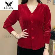 MLEX鑫儷女裝京親2023春季長(zhǎng)袖V領(lǐng)金絲絨盤扣氣質(zhì)媽媽裝開衫上衣2305# 紅色 2XL 110-120