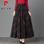 皮爾卡丹（pierre cardin）2025秋冬季新款復古印花半身長(cháng)裙女高腰大擺跳舞裙女大碼半身裙子 Z-3黑底紅梅花 S