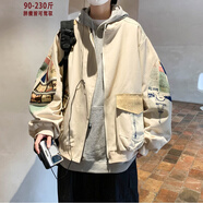 型楠宇胖子大碼棒球服男外套春秋季設計感圓領(lǐng)拼接復古寬松休閑夾克潮 J811卡其色 常規 5XL 建議210-230斤