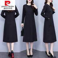皮爾卡丹毛呢連衣裙女長(cháng)袖2026新款女呢子冬季大I碼長(cháng)裙 千鳥(niǎo)格 L