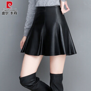 皮爾卡丹2023秋季新款海寧真皮皮裙女a(chǎn)字半身裙修身韓版綿羊皮荷葉邊裙潮 黑色 XL 2.2尺