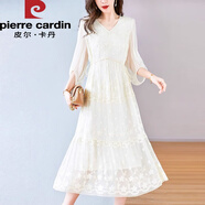 皮爾卡丹時尚法式重工刺繡雪紡連衣裙女夏2025新款中長款雪紡碎花連衣裙 米色 3XL