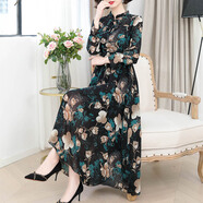 在禮雪紡連衣裙女夏季2025新款長(cháng)袖高端顯瘦修中老年質(zhì)碎花長(cháng)款裙子 綠色 2XL