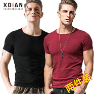 續(xù)點 短袖t恤男圓領夏修身健身緊身運動韓版休閑棉質純色打底彈力汗衫 黑色+棗紅色 XL 碼128-138斤左右修身版型