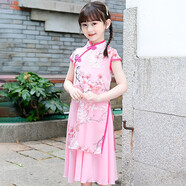 丹鳥(niǎo)王 民國風(fēng)女童旗袍兒童夏季漢服改良式大擺薄款連衣裙洋氣小女孩中國風(fēng)公主裙中大童古裝刺繡禮服 117淺粉色 140碼