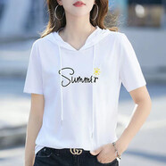 玖卡依純棉連帽短袖t恤女2025夏季新款寬松韓版體恤衫休閑短袖上衣女裝 白色-S字母 2XL 建議125-135斤