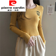 皮爾卡丹（pierre cardin）專(zhuān)柜內搭上衣女針織打底衫秋冬新款白色薄款高腰短款修身圓領(lǐng)毛衣 黃色 M