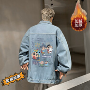 良茨胖子大碼牛仔外套男春秋棒球服潮牌牛仔夾克寬松大碼套裝夾克男 MY2260淺藍加絨 5XL 205-240斤