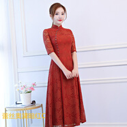 應否奧黛改良旗袍中國風(fēng)春秋新款淑女日常蕾絲旗袍裙修身中式大擺裙 暗紅 9018 L